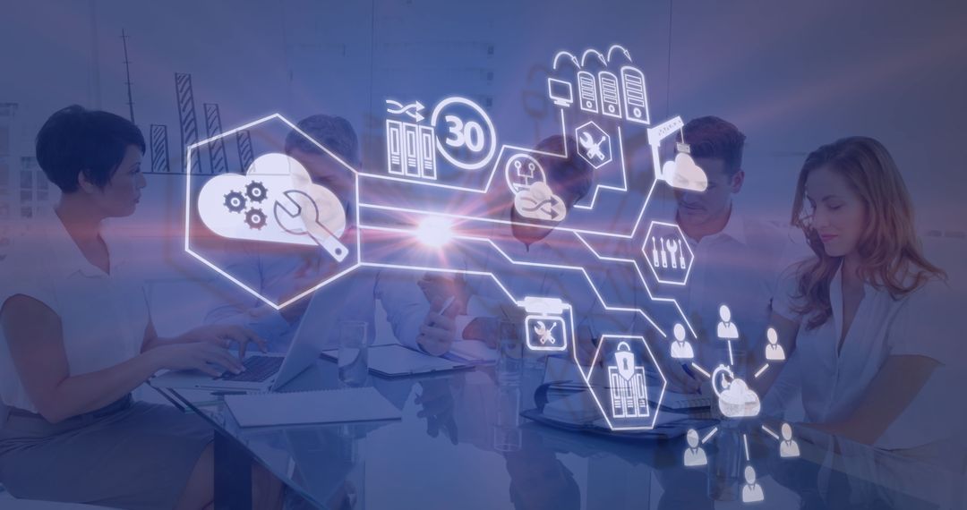 Diverse business team analyzing digital data network visualization