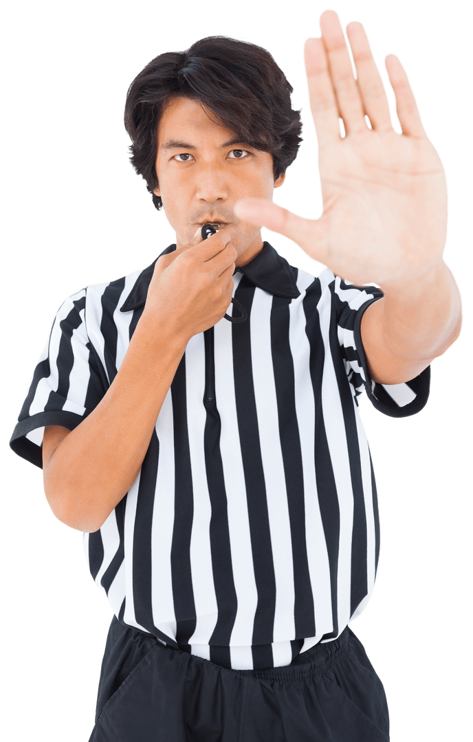 Transparent Referee Blowing Whistle with Hand Raised for Attention