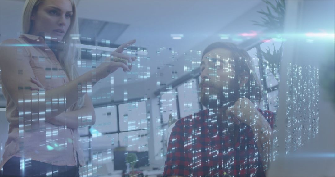 Digital Interface Overlay with Business Team Analyzing Data