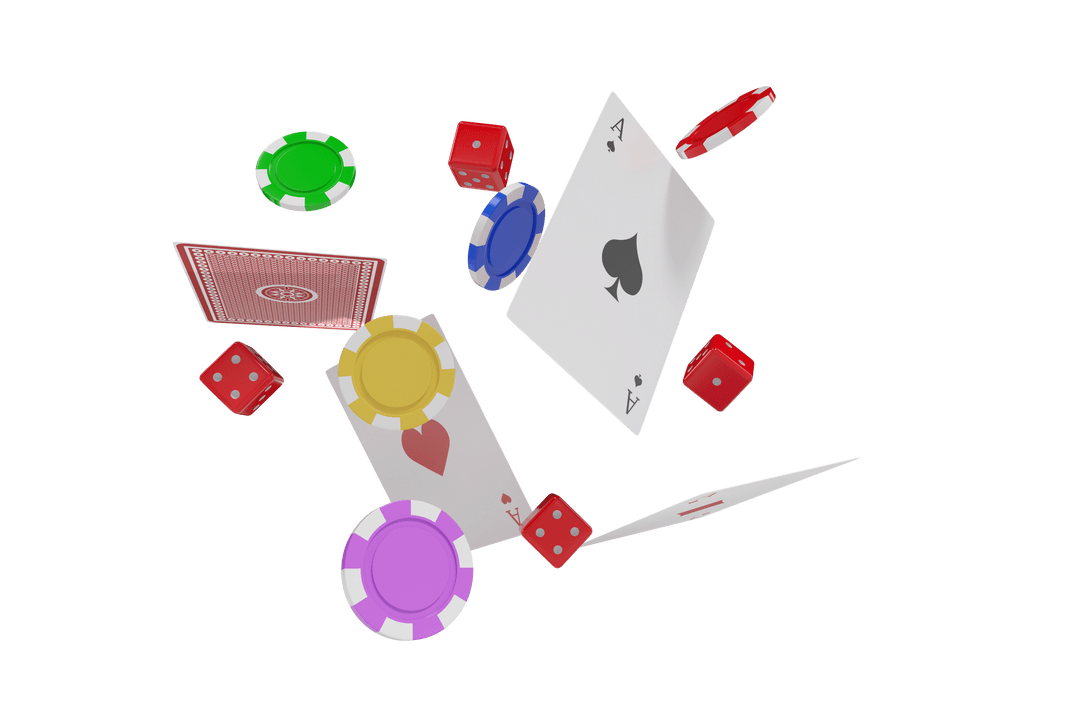 Floating Playing Cards and Casino Tokens on Transparent Background