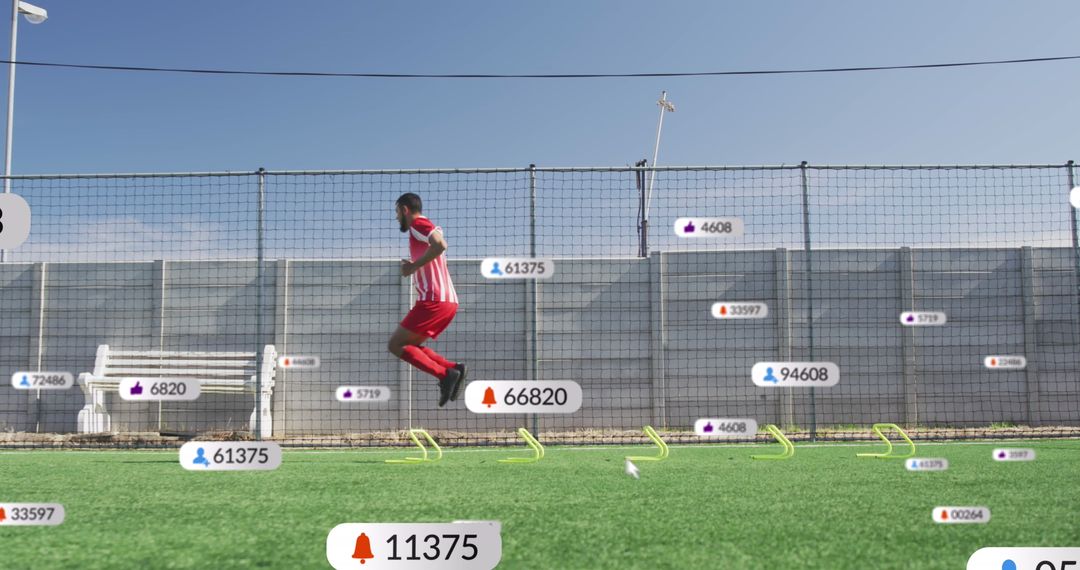 Athlete Performing Jumping Drills on Soccer Field With Notifications