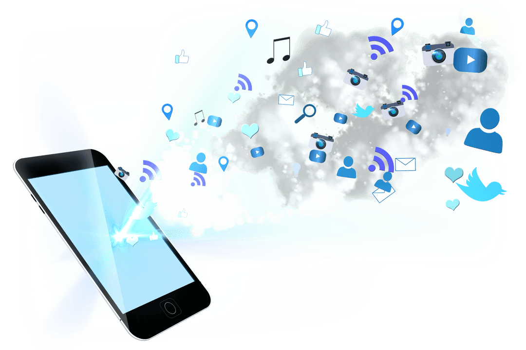 Digital Communication Icons Emerge from Smartphone on Transparent Background