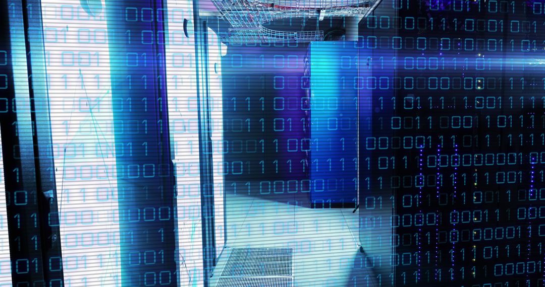 Digital binary code overlaying futuristic server room