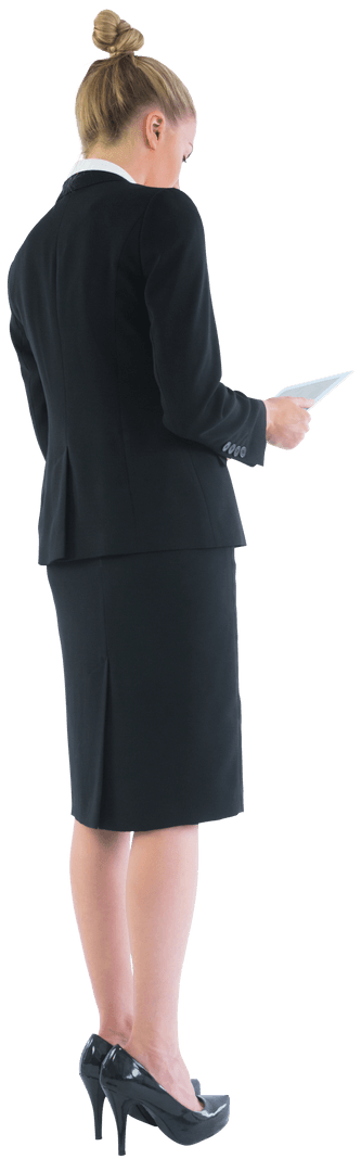 Transparent Businesswoman Analyzing Latest Technology Tablet