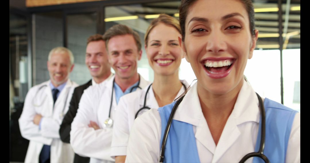 Happy Medical Team Smiling and Standing Together in Hospital - Free Images, Stock Photos and Pictures on Pikwizard.com