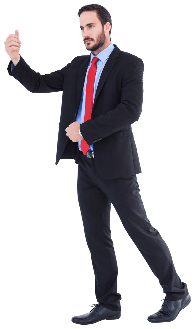 Serious Businessman Raising Arms in Gesture Transparent Background