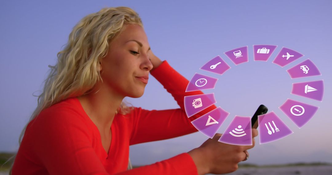 Woman with Smartphone Exploring Virtual Travel Icons on Screen