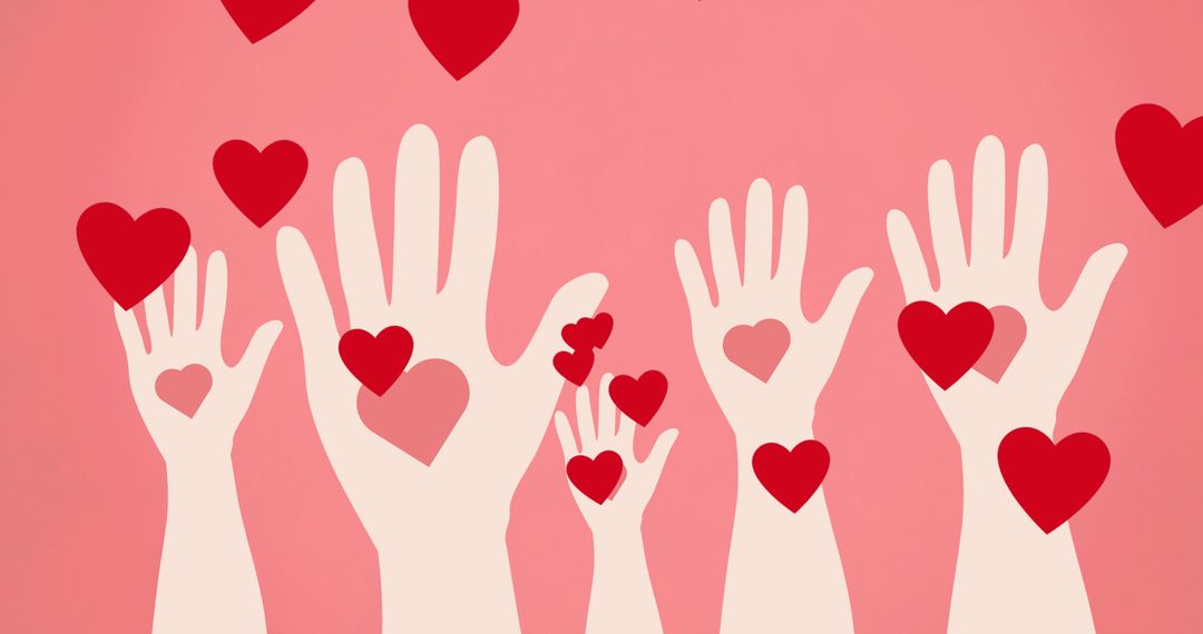 Symbolic Hands and Hearts Over Pink Background