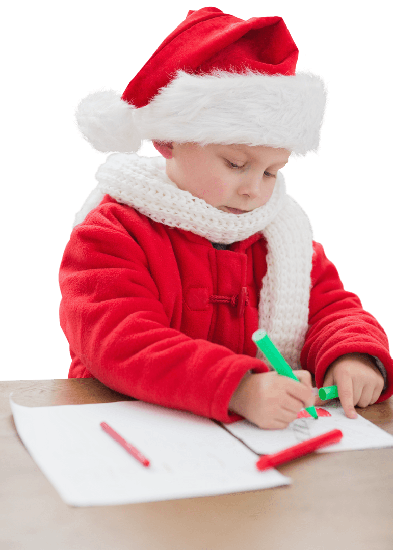Child in Santa Hat Drawing on Transparent Background