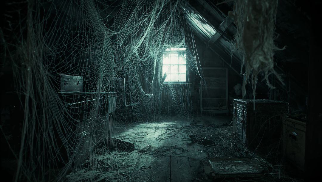 Atmospheric Attic with Cobwebs and Antique Trunks