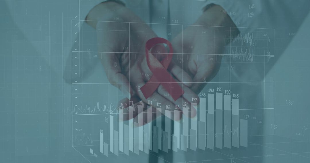 Medical Professional Displaying Red Ribbon and Data Graph Overlay