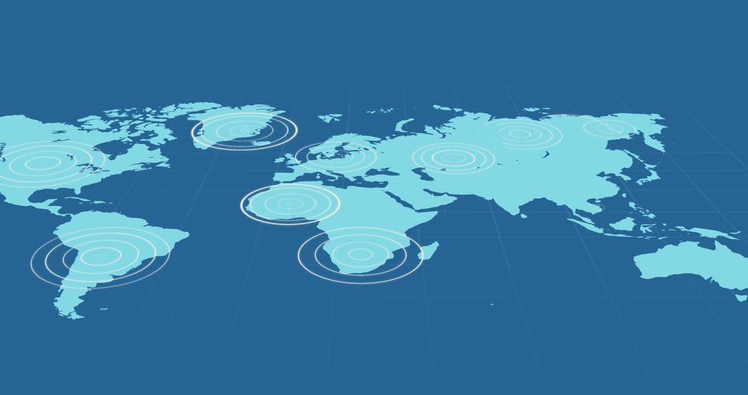 Blue World Map with Concentric Circles Highlighting Network Hubs