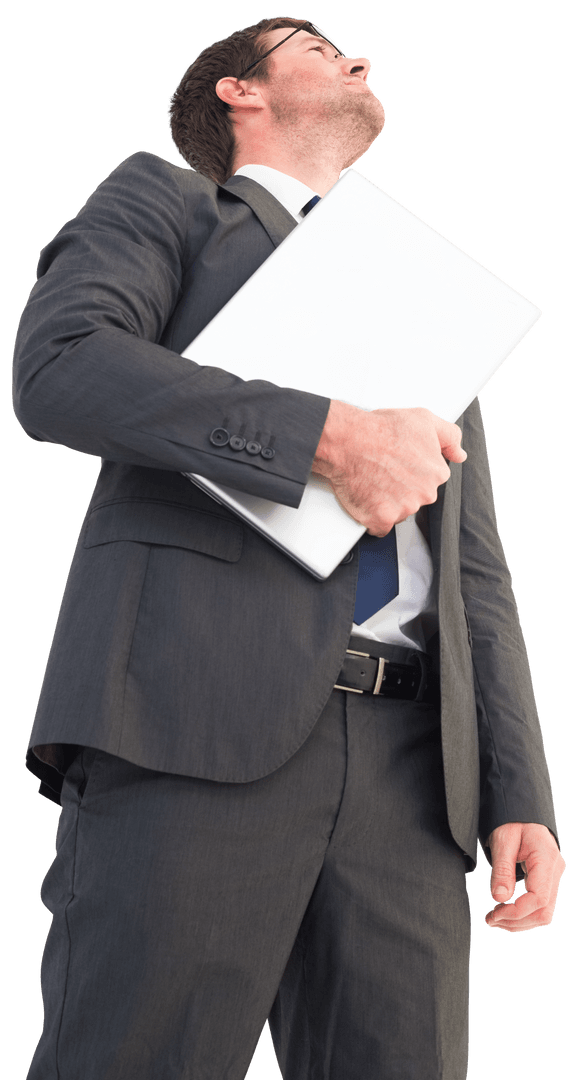 Businessman in Suit Holding Laptop while Looking Up on Transparent Background