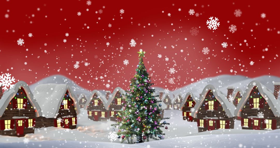 Snowy Winter Village with Decorated Christmas Tree