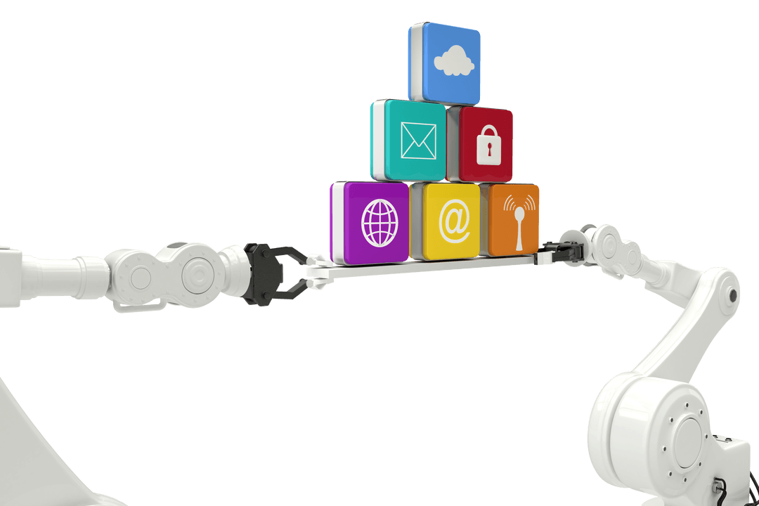 Transparent Robot Arms Holding Colorful Digital Icons Set