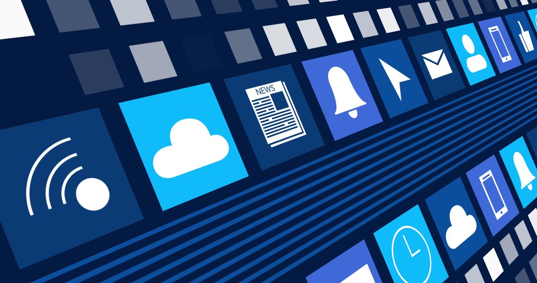 Digital Online Icons Array on Modern Blue Interface Background