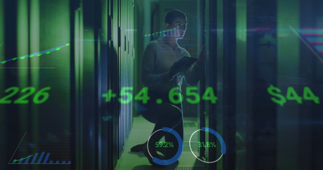 IT Engineer Analyzing Data in Server Room with Digital Graphics Overlay