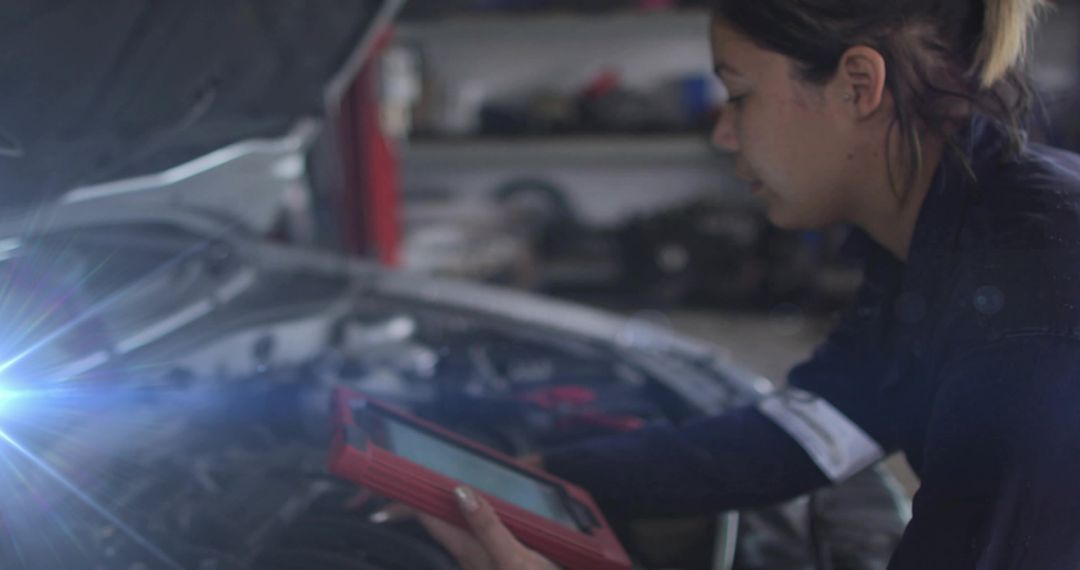 Mechanic Using Digital Diagnostic Tool in Automotive Repair Shop