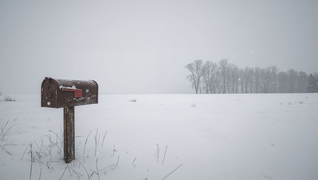 Lonely Rusted Mailbox in Snowy Rural Field with Red Flag and Distant Bare Trees, Winter Quiet