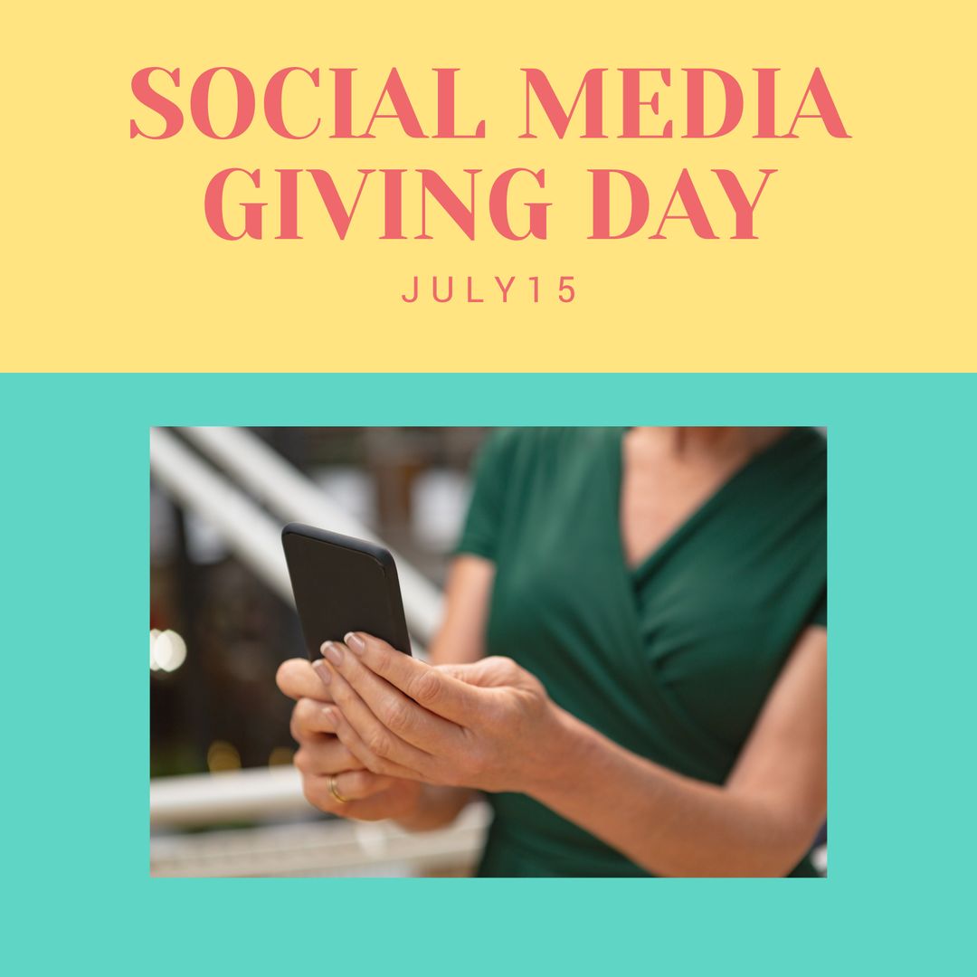 Social Media Giving Day Banner with Woman Using Smartphone - Download Free Stock Templates Pikwizard.com