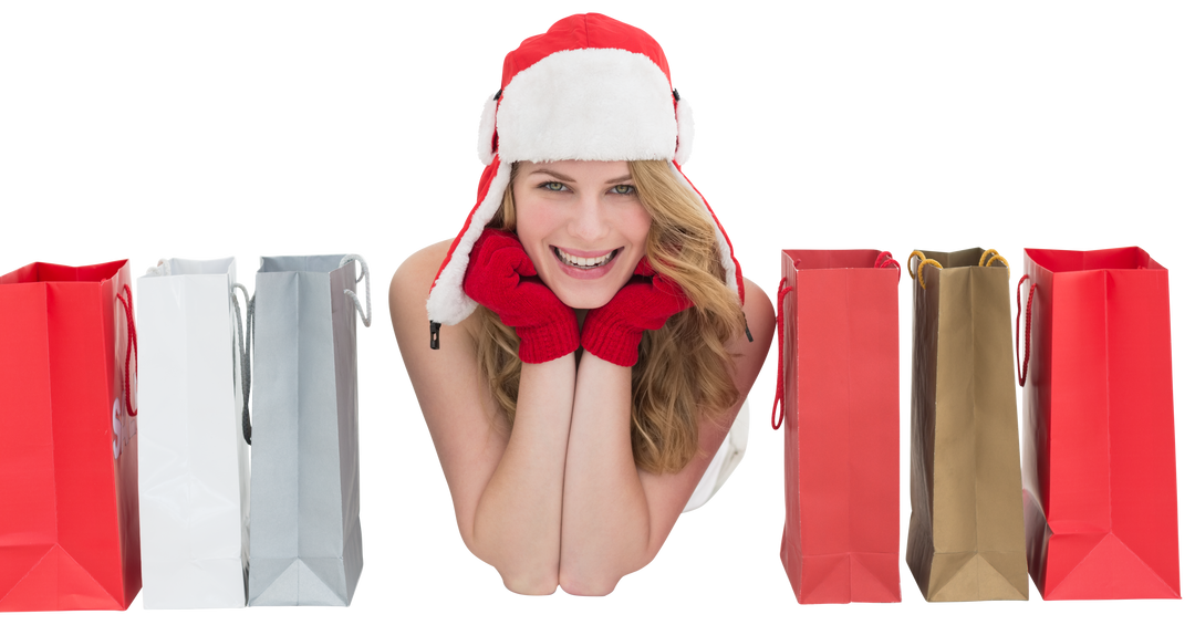 Smiling Woman in Christmas Attire with Shopping Bags Transparent Background - Download Free Stock Images Pikwizard.com