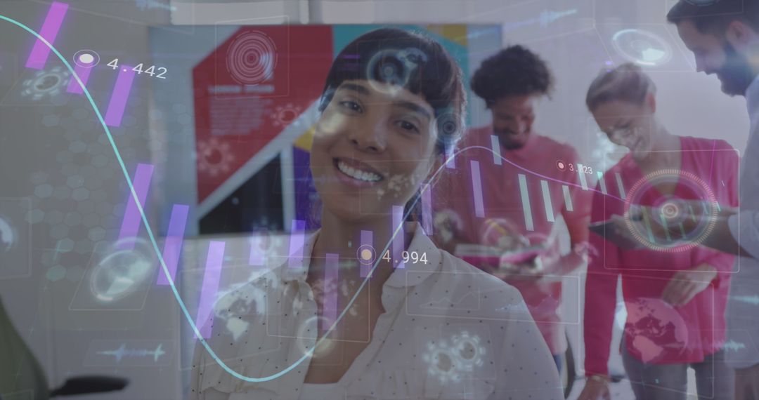 Futuristic Technology Overlay with Diverse Team in Modern Office