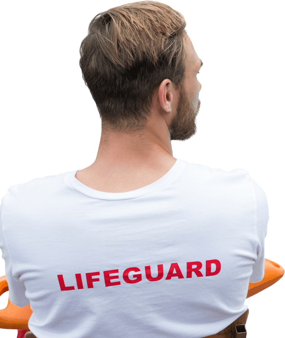 Rear View of Lifeguard Wearing Red-Text Shirt on Transparent Background
