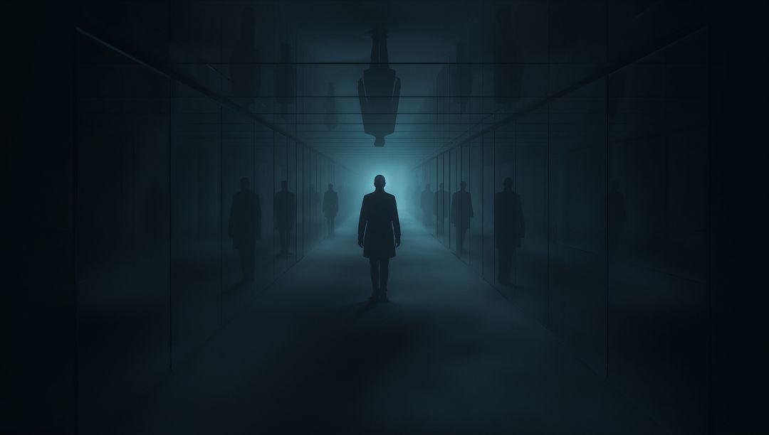 Solitary man walking toward glowing exit in mirrored corridor with fog and reflections