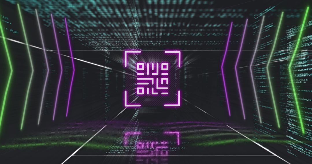 Glowing Purple QR Code with Neon Matrix Background
