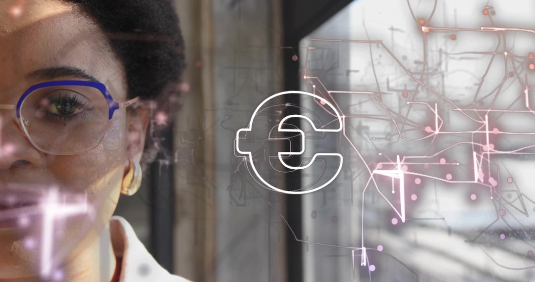 Woman Analyzing Digital Euro Interface with Futuristic Circuitry