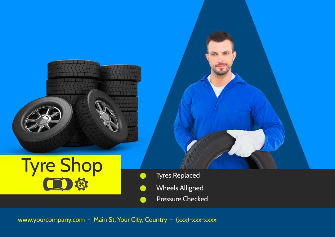 Confident Mechanic Promoting Expert Tyre Shop Services - Download Free Stock Templates Pikwizard.com