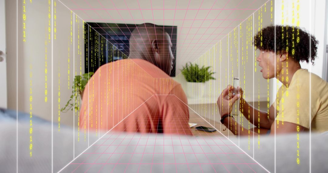 Two men testing gadget with smartphone in living room with digital grid overlay