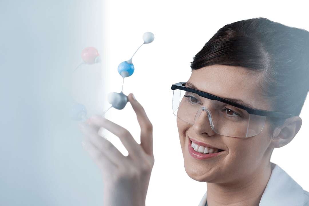 Female Scientist Engaging with Transparent Molecular Model