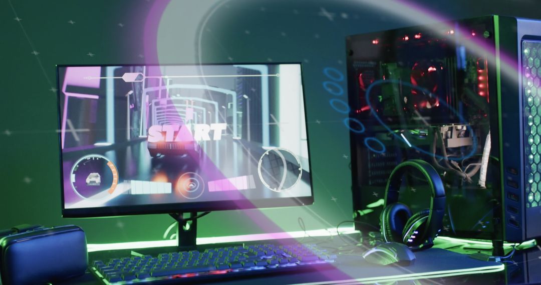 Futuristic Gaming Setup with Data Interface Overlay