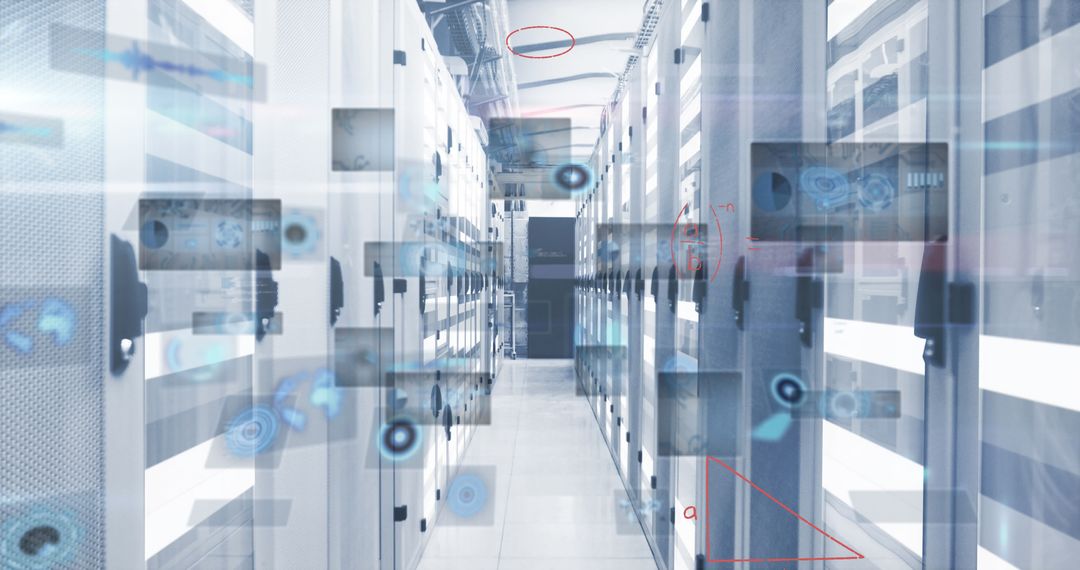 Futuristic Server Room with Data Interface Overlay