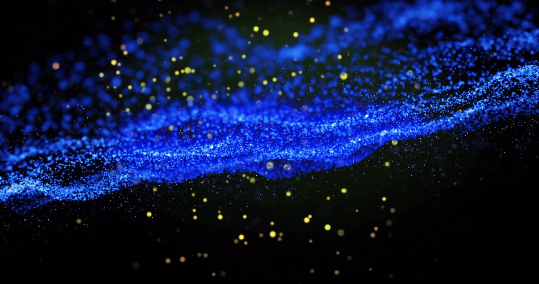 Dynamic Blue Particles and Glowing Yellow Dots in Motion