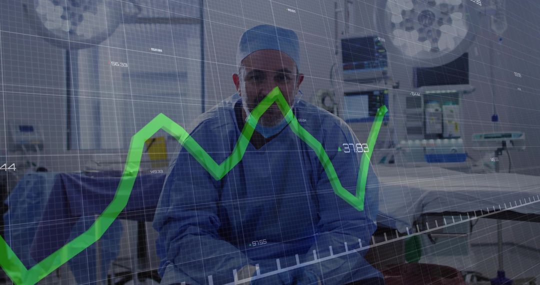 Surgeon in Operating Room with Green Digital Graph Overlay