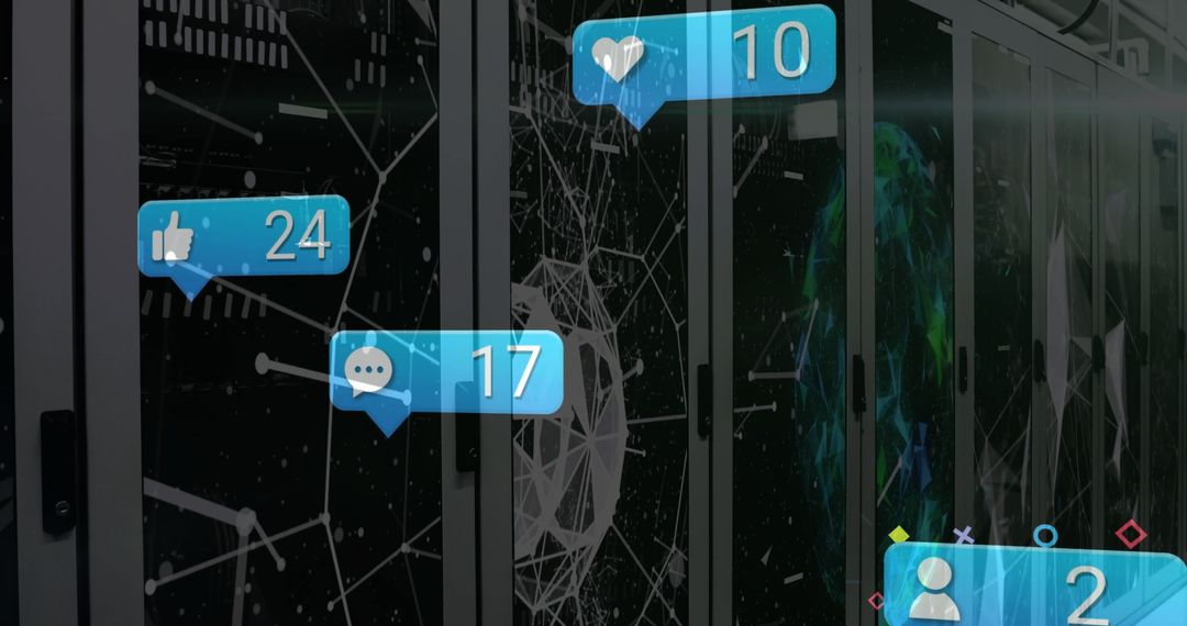 Social Media Icons Floating Over Data Server Room