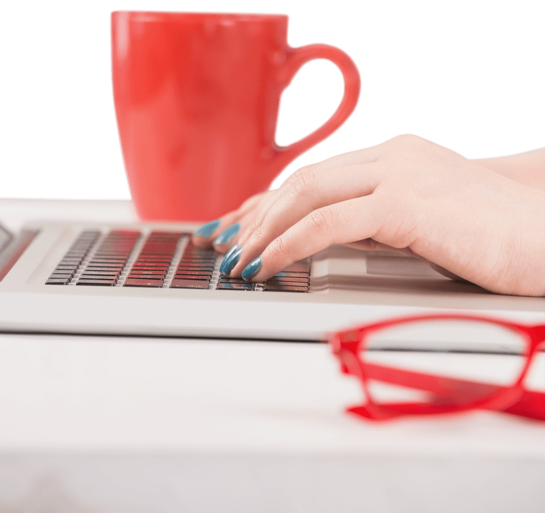 Female Hands Typing on Laptop with Red Mug Transparent View