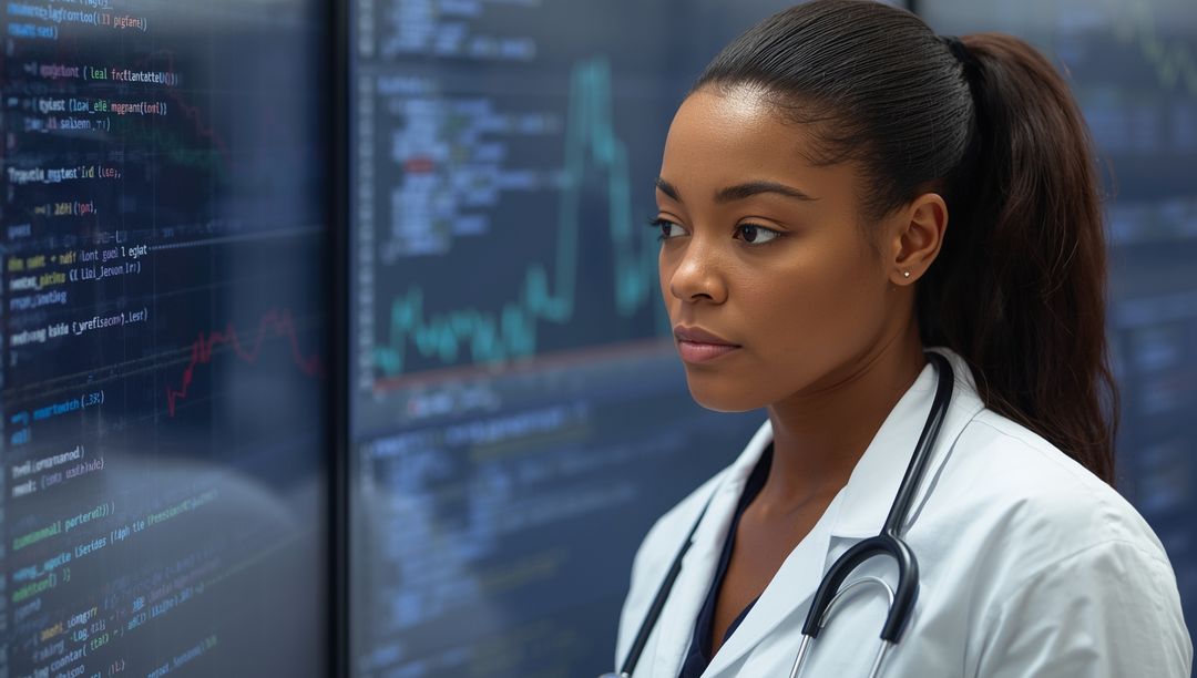 Doctor Reviewing Data on Digital Monitors in Medical Lab