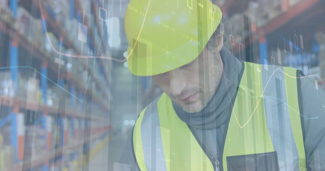 Warehouse Worker Analyzing Data with Statistics Overlay