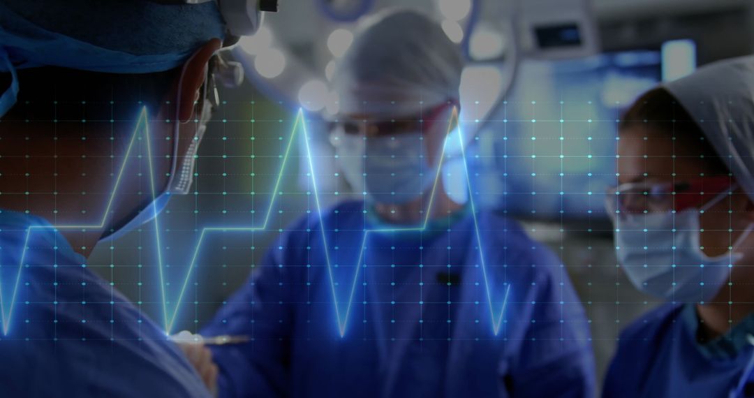 Surgeons Performing Operation with Heartbeat Graphic Overlay