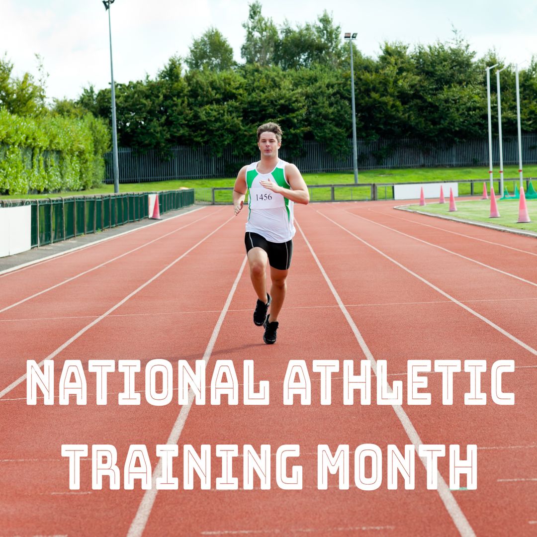 Caucasian Male Runner on Athletic Track Celebrating Training Month