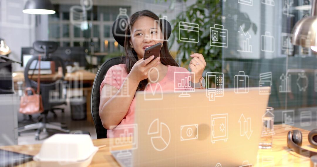 Businesswoman Utilizing Voice Assistant with Virtual Icons