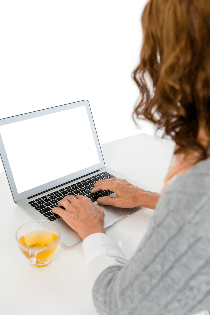 Woman Using Laptop with Outfit Focused on A Casual Setting Transparent