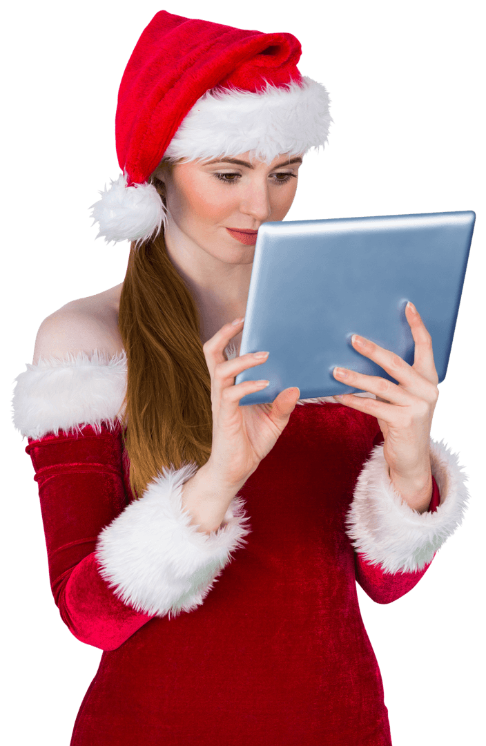Transparent Santa Girl Engaging with Tablet