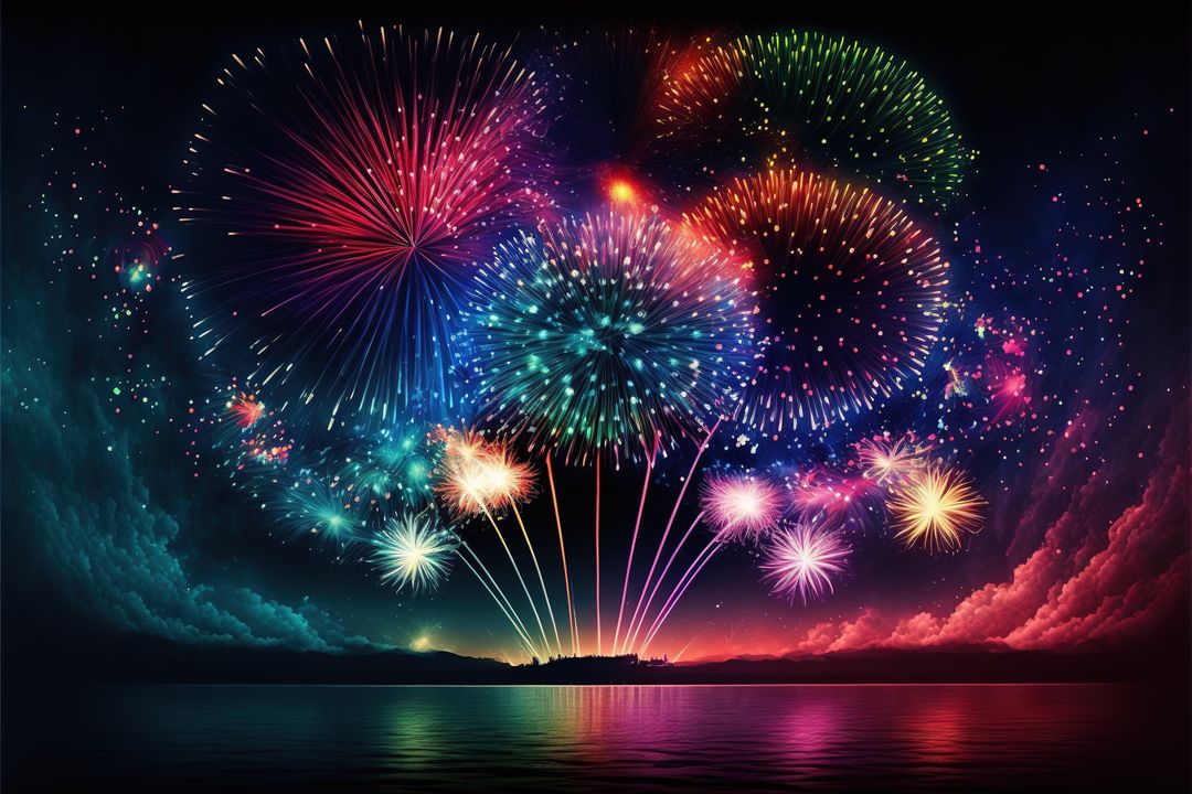 Colorful Fireworks Display Over Calm Ocean at Night - Free Images, Stock Photos and Pictures on Pikwizard.com