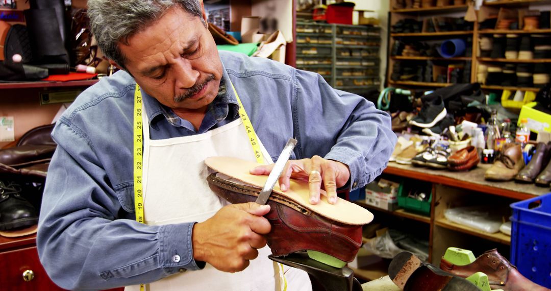 Cobbler working on shoe sole in workshop 4k - Free Images, Stock Photos and Pictures on Pikwizard.com