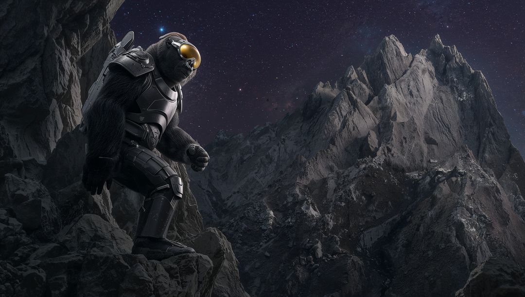 Armored bear astronaut surveying jagged mountain peaks night with gold visor and jetpack