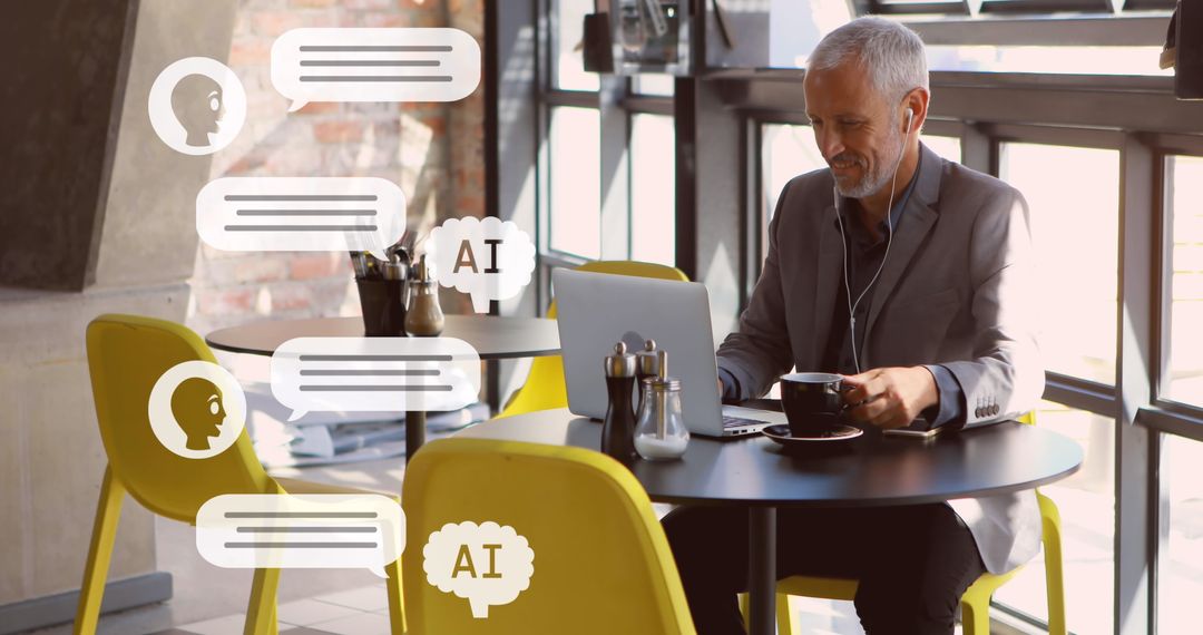 Businessman Engaged in AI-Driven Communication Over Coffee